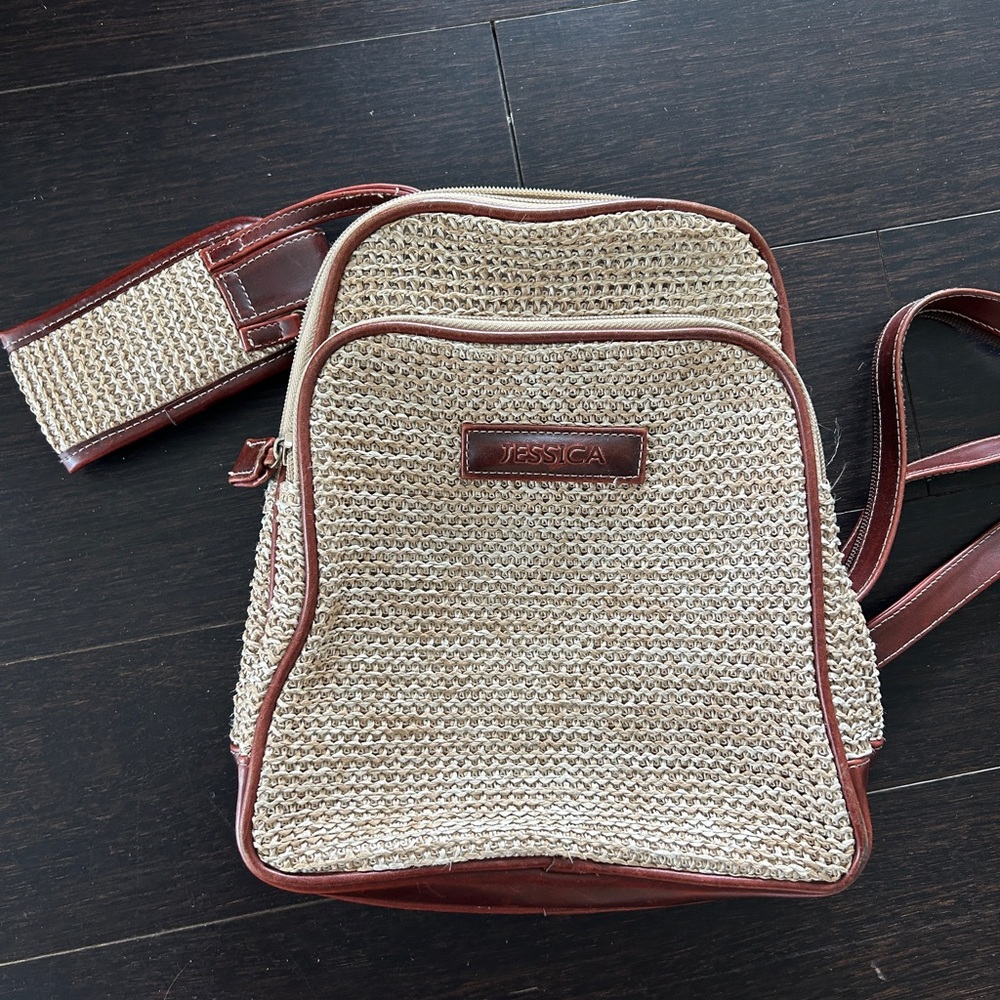 Jessica Straw Backpack with Brown Trim